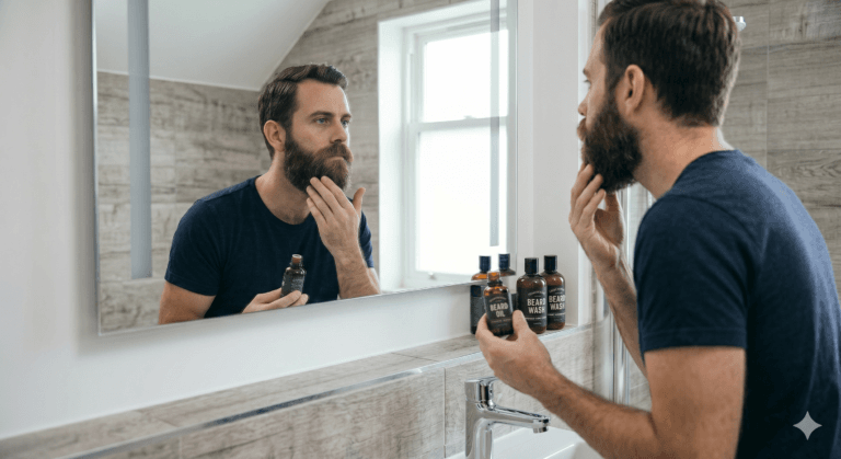 Hombre aplicándose aceite para barba frente al espejo del baño tras la ducha