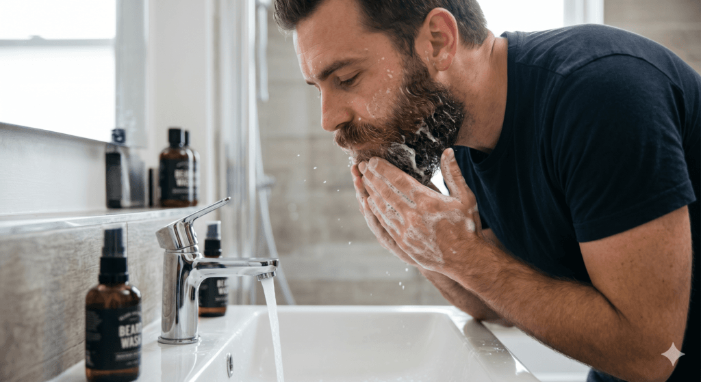 Hombre lavándose la barba en el lavabo con un champú específico y botella de beard wash
