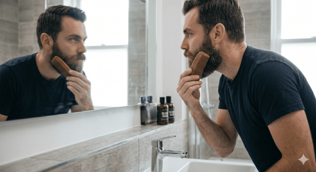 Hombre peinándose la barba con un peine de madera frente al espejo