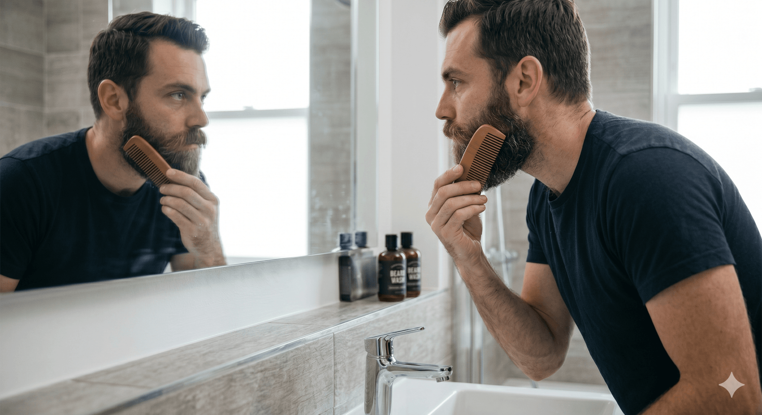 Hombre peinándose la barba con un peine de madera frente al espejo
