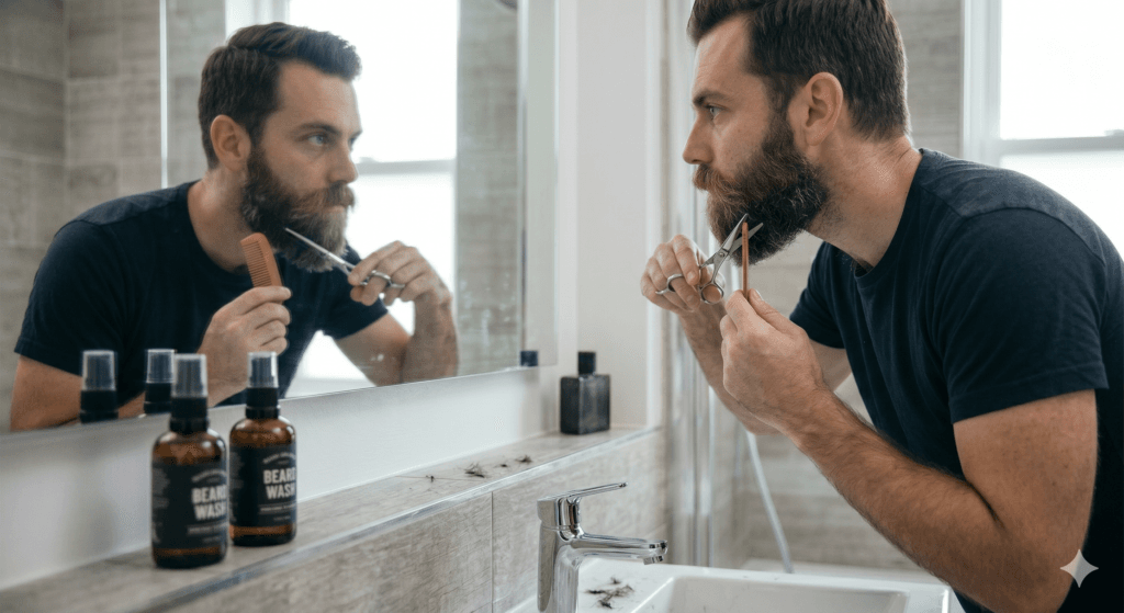 Hombre recortándose la barba con tijeras de precisión frente al espejo