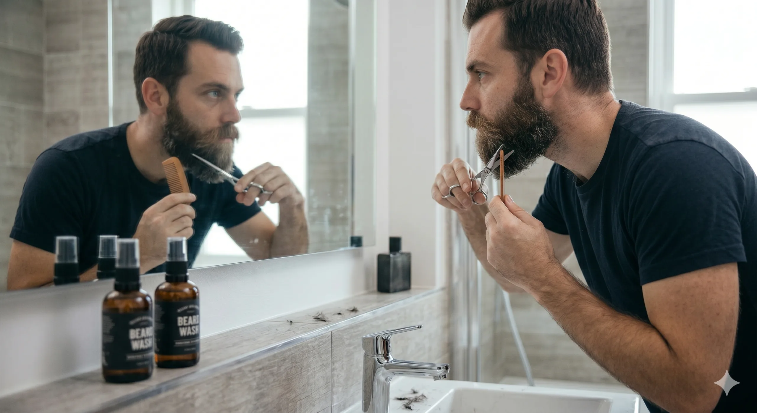 Hombre recortándose la barba con tijeras de precisión frente al espejo