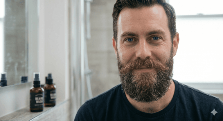 Hombre con barba cuidada y poblada en un baño, con productos de cuidado de barba al fondo
