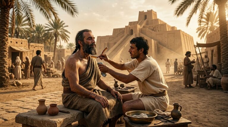 Primer barbero de la historia afeitando con navaja de bronce en una calle de Ur, Sumeria, 3000 a.C.