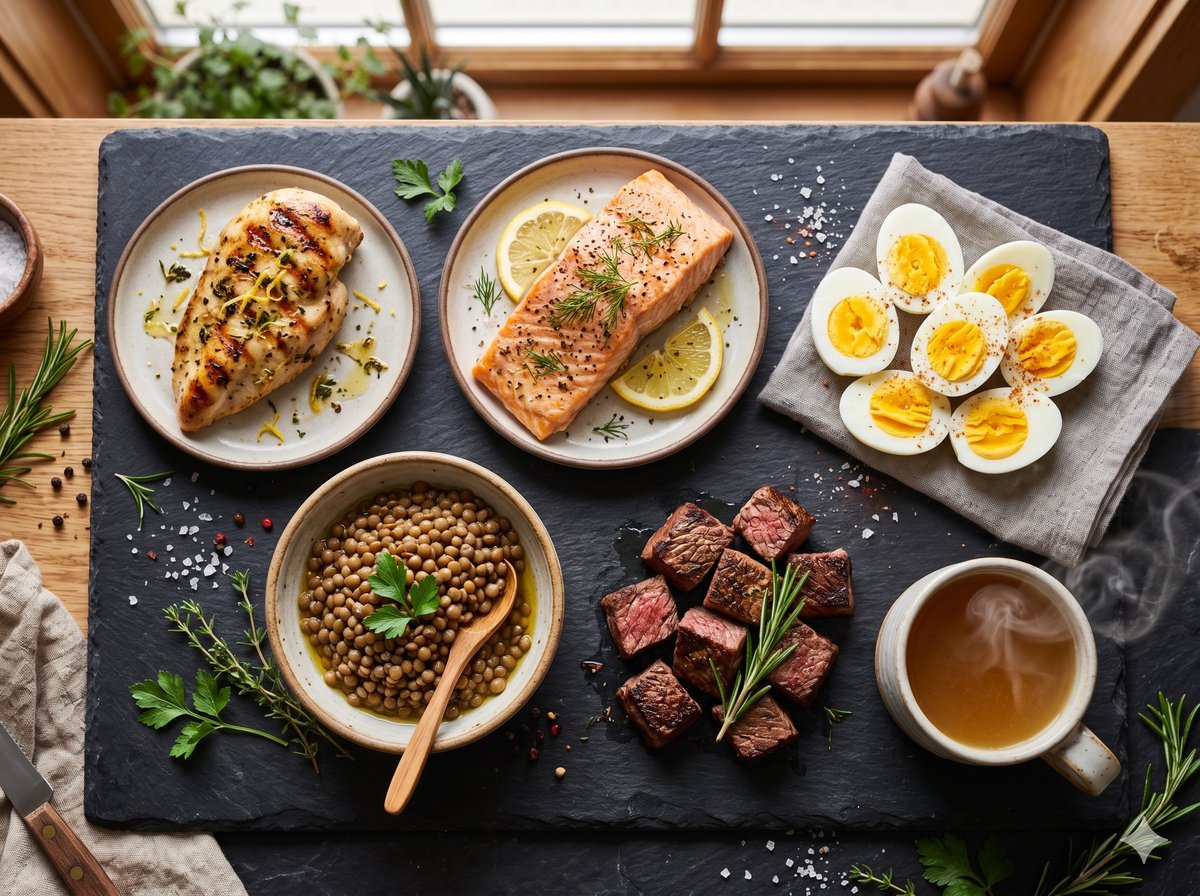 Proteínas para la barba: pollo, salmón, huevos, lentejas y caldo de huesos sobre tabla de pizarra