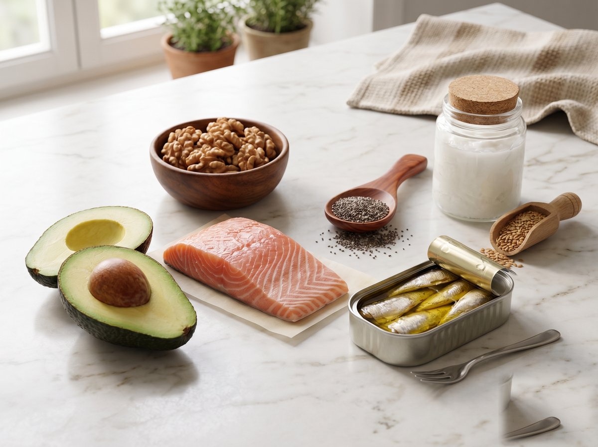 Grasas saludables ricas en omega-3 para la barba: aguacate, salmón, sardinas, semillas de chía y nueces