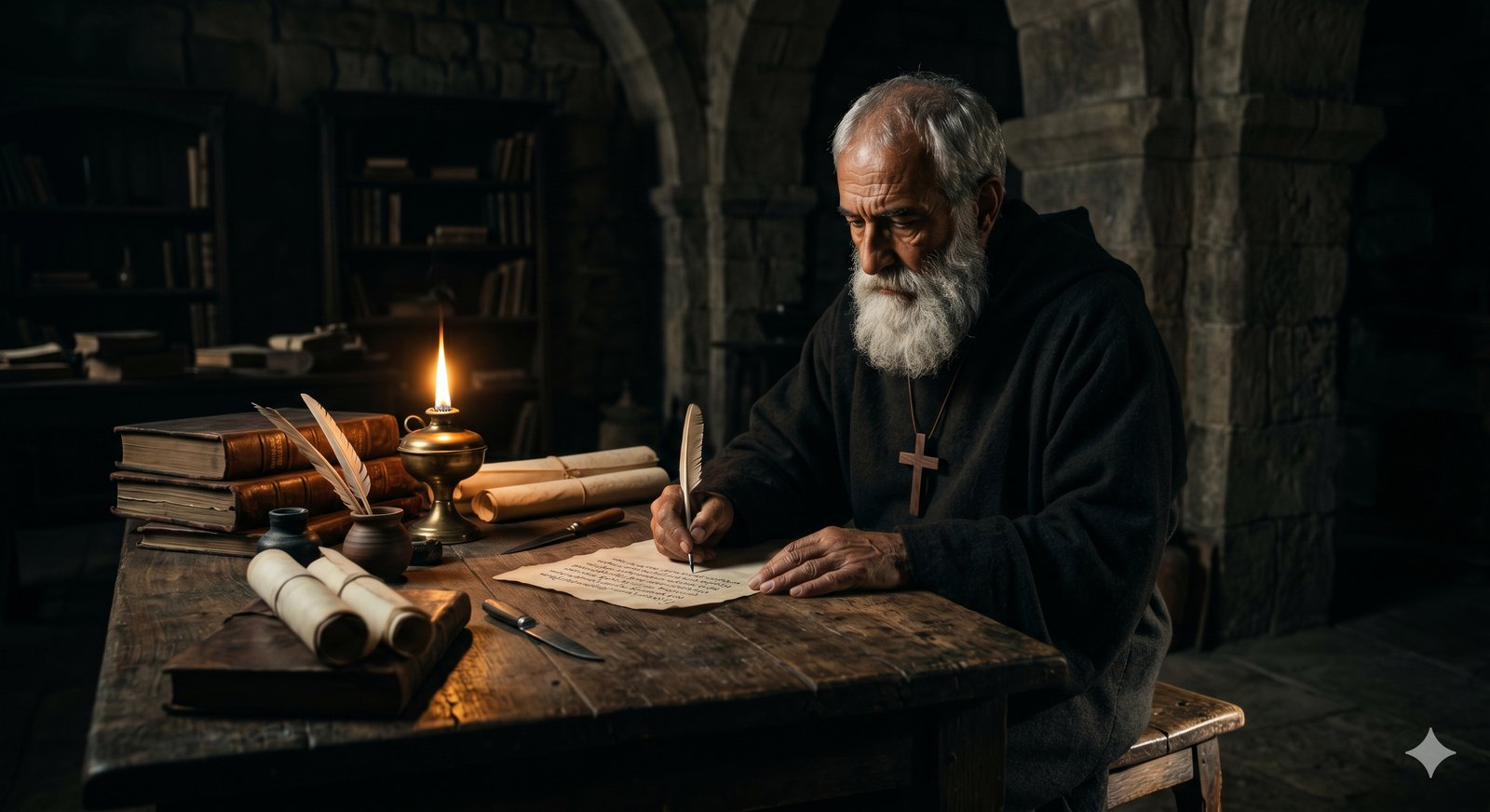 San Agustín de Hipona escribiendo en su scriptorium, retratado con la característica barba blanca de los Padres de la Iglesia