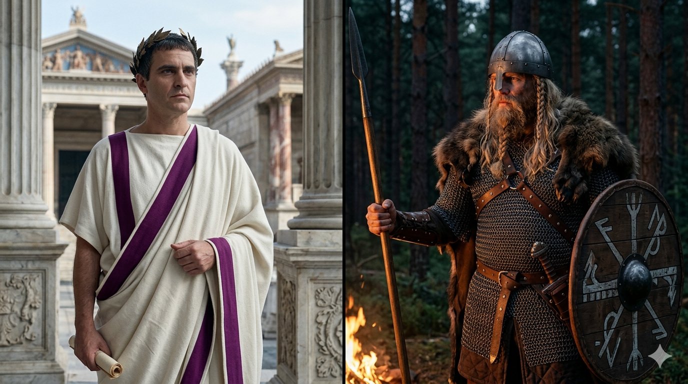 Contraste entre el emperador romano afeitado y el guerrero godo barbado, origen de la asociación afeitado = civilización, barba = barbarie