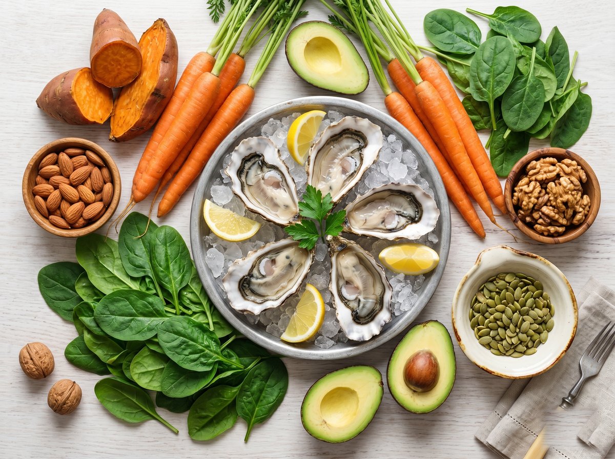 Vitaminas y minerales para el crecimiento de la barba: zanahorias, espinacas, almendras, semillas de calabaza y aguacate