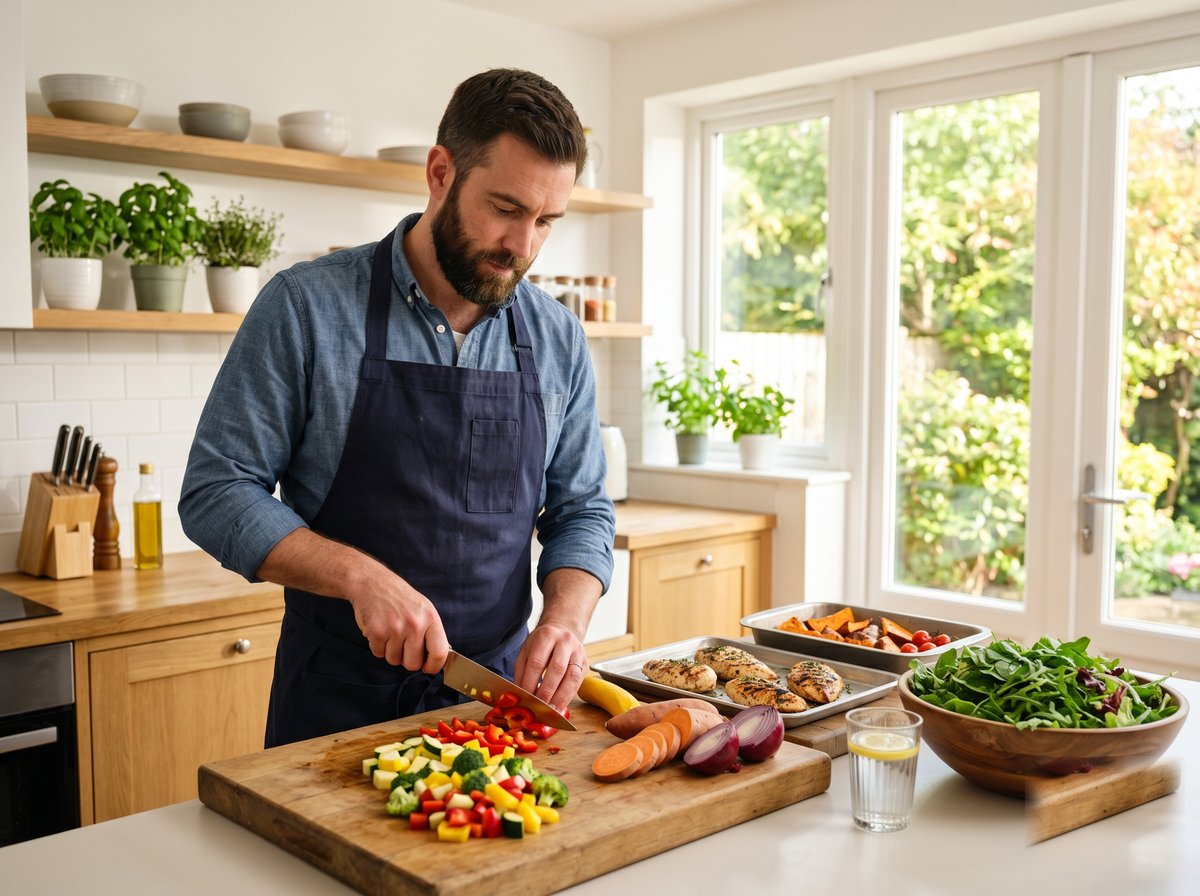 Hombre con barba cocinando vegetales y pollo: consejos prácticos de alimentación para la barba