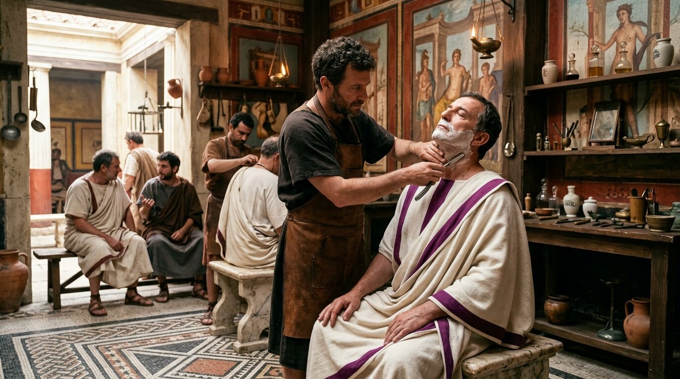 Tonsor romano afeitando a un patricio en una tonstrina del Imperio Romano con navaja de hierro novacula