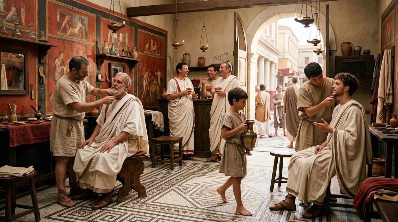 Interior de una tonstrina romana llena de patricios afeitándose y conversando, hub social del Imperio