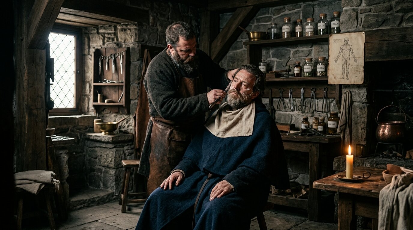 Barbero-cirujano medieval afeitando a cliente en taller con instrumentos quirúrgicos y velas