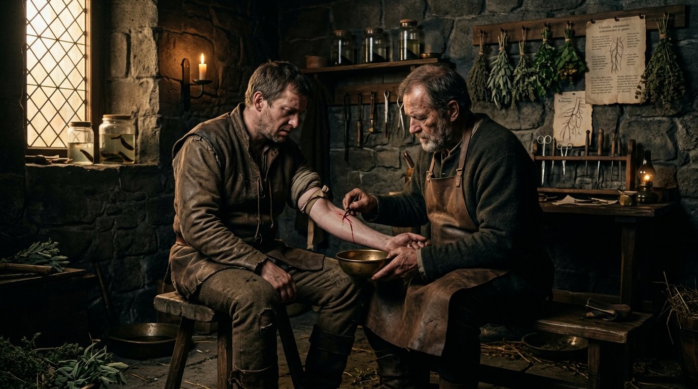 Barbero-cirujano medieval practicando una sangría con fleam y cuenco de bronce, origen del poste rojo y blanco