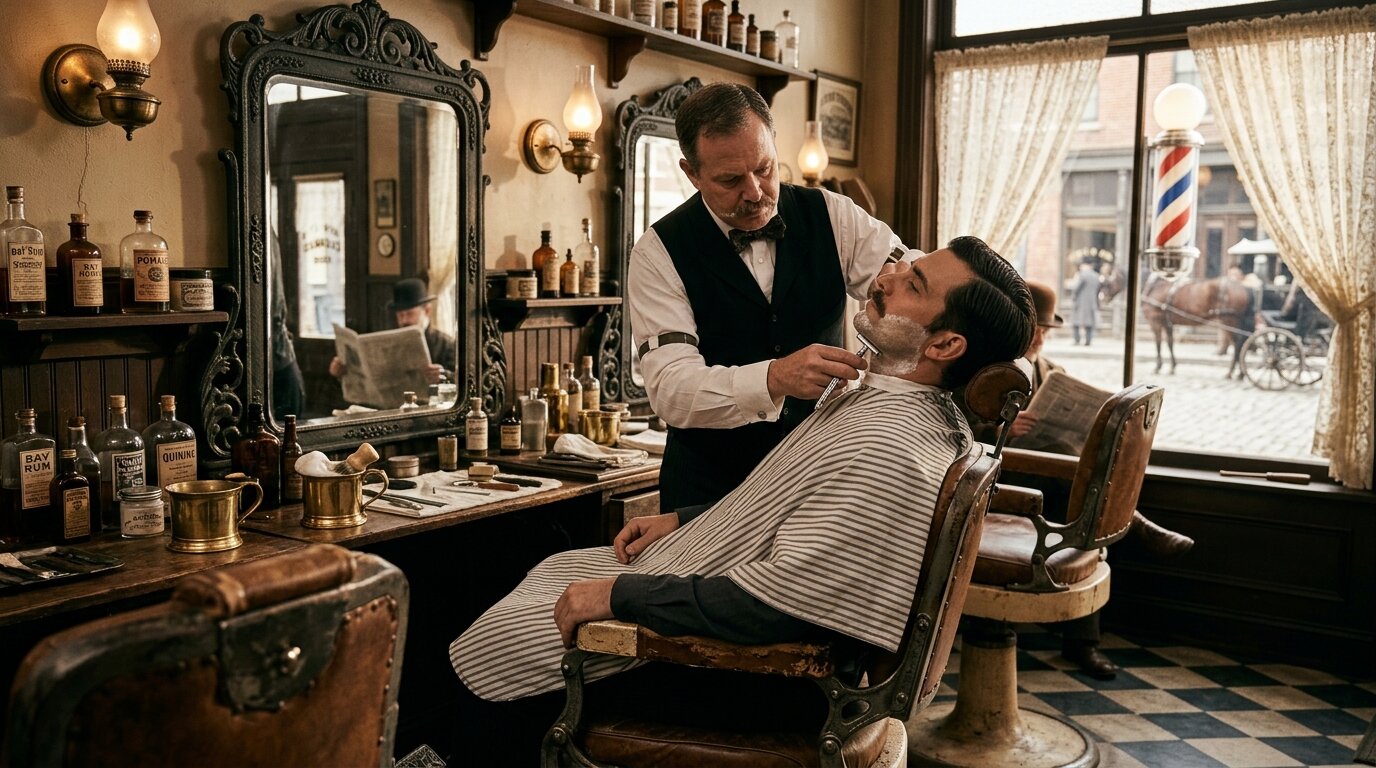 Barbería de finales del siglo XIX con la primera maquinilla de seguridad Kampfe y poste de barbero rojo y blanco