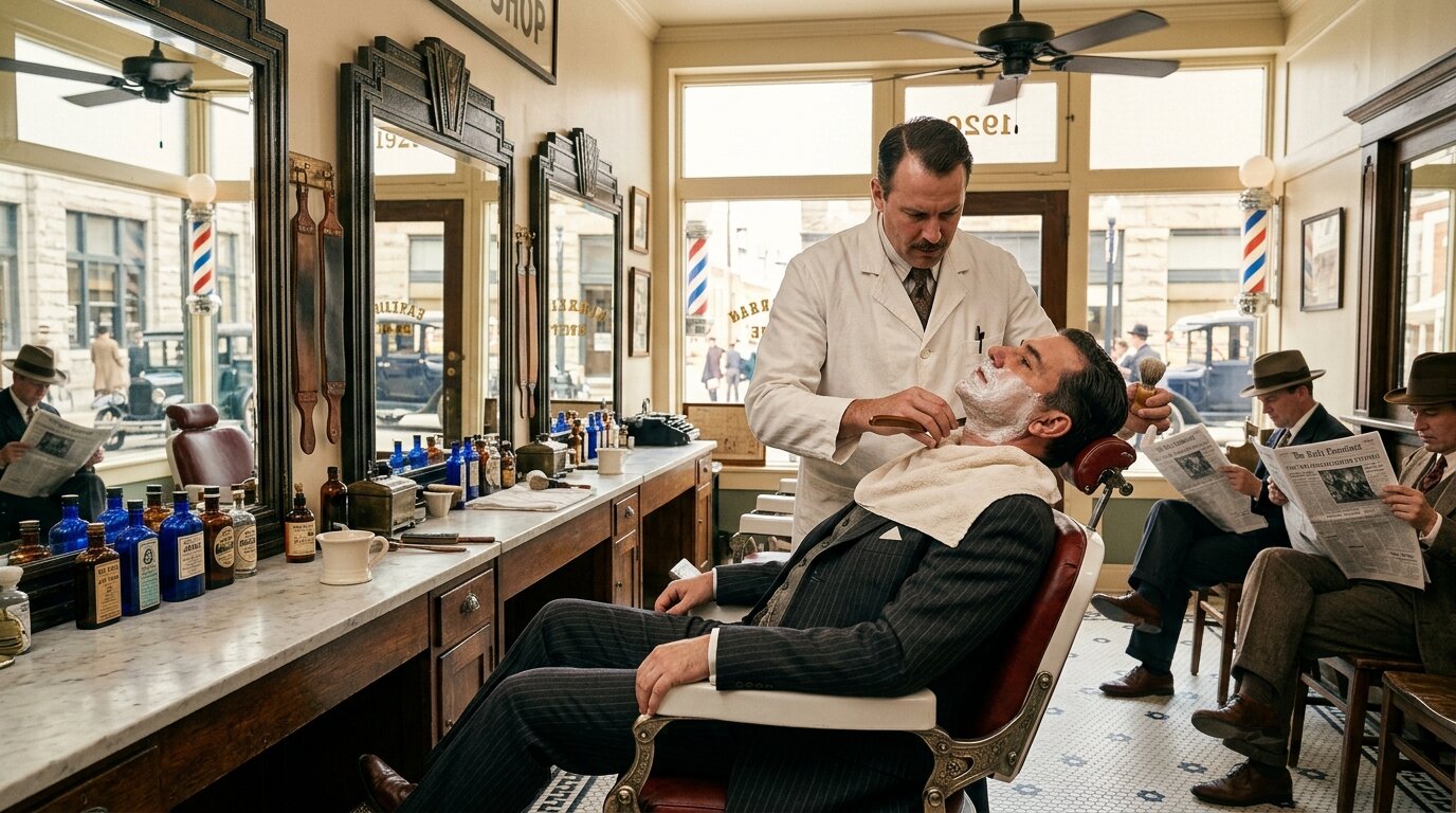 Hot towel shave en barbería clásica de los años 20 con silla de porcelana y mirrors art déco