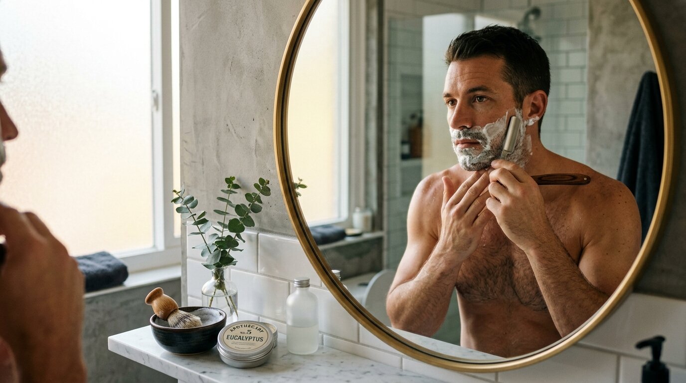 Hombre moderno afeitándose con navaja clásica en baño contemporáneo, ritual del afeitado tradicional