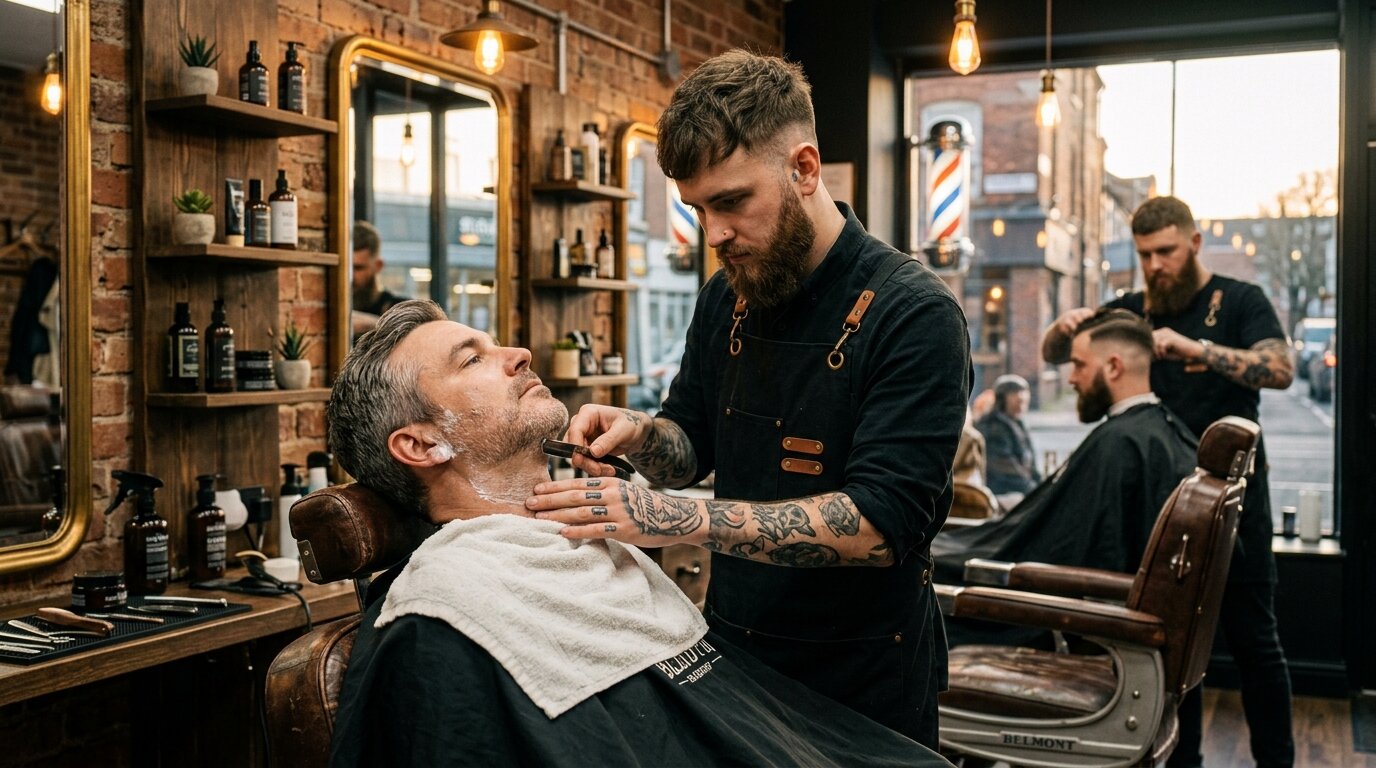 Barbería moderna estilo industrial con barbero tatuado realizando afeitado tradicional con navaja