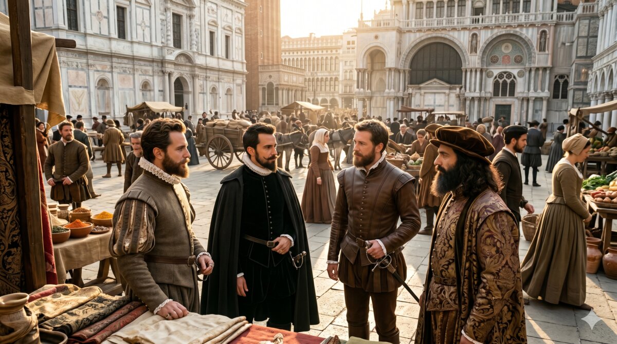 Mercado del Renacimiento europeo con hombres barbudos de España, Francia e Italia, siglo XVI