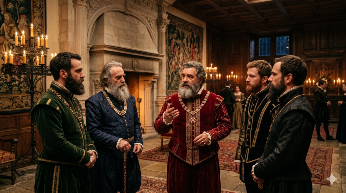 Nobles franceses con barbas bien cuidadas conversando en un suntuoso salón del palacio renacentista de Francisco I