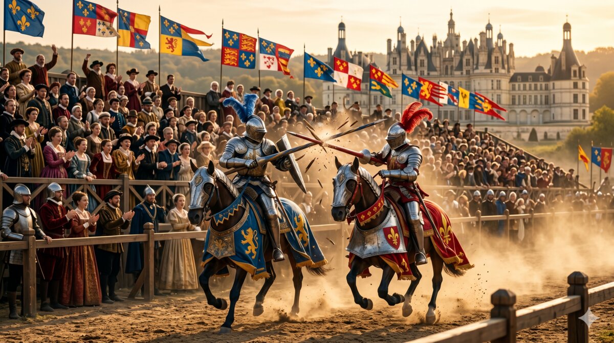 Caballeros con armadura compitiendo en un torneo de justas del Renacimiento francés ante el castillo de Chambord, siglo XVI