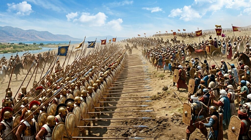 Falange macedonia con sarissas frente a las tropas persas de Darío III en la batalla de Issos