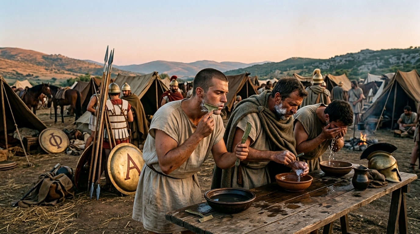 La barba de Alejandro Magno: soldados macedonios afeitándose con navajas de bronce en el campamento antes de la batalla