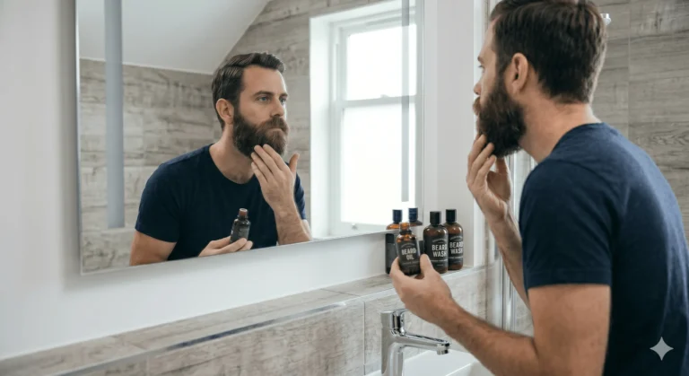 Hombre aplicándose aceite para barba frente al espejo del baño tras la ducha