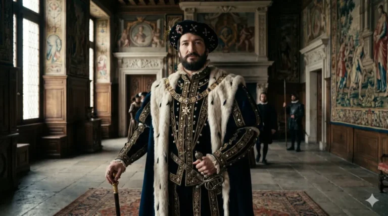 Francisco I de Francia con barba oscura bien recortada, vestido con ropajes reales del siglo XVI en el palacio de Fontainebleau